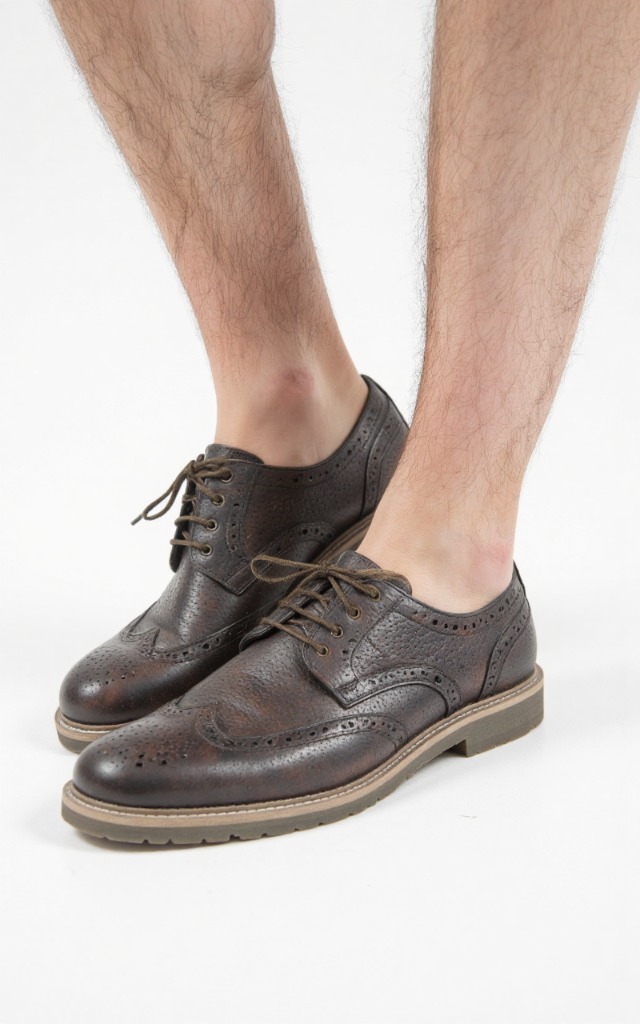 A male model wearing Lace   up shoes, against a white background, with a close   up of the feet